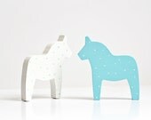 Sets two swedish blue polka dots dala horses figurine. Wooden, hand painted. duo
