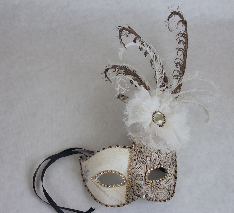 Cream Embroidered Satin and Paisley Print Carnival Masquerade Mask with Pheasant Feathers and Rhinestones