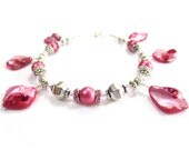 Shell Bracelet, Hot Pink Dangles, Metallic Pink Pearls, Pale Pink Crystals, Bali Style Silver Beaded, Bling Bracelet, Mother of Pearl