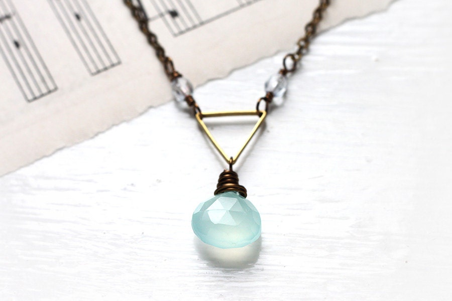 Mint Green Chalcedony Wire Wrapped in Antique Brass, Triangle Connector Simple Gemstone Necklace, Geometric Peruvian