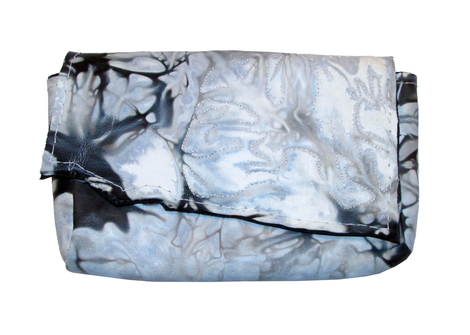 Handmade Black, Grey, and White Embroidered Lambskin Leather Clutch Purse or Wallet