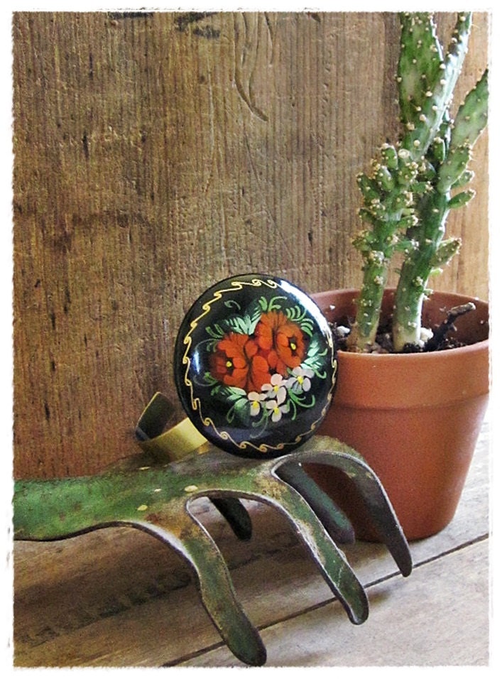Painted Floral Cuff Bracelet, Red, Black, Gold, Bohemian Rose Bracelet, Vintage Folk Inspired Statement Jewelry