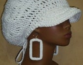 Winter White Crochet  Newsboy Cap Hat and Earrings with Drawstring