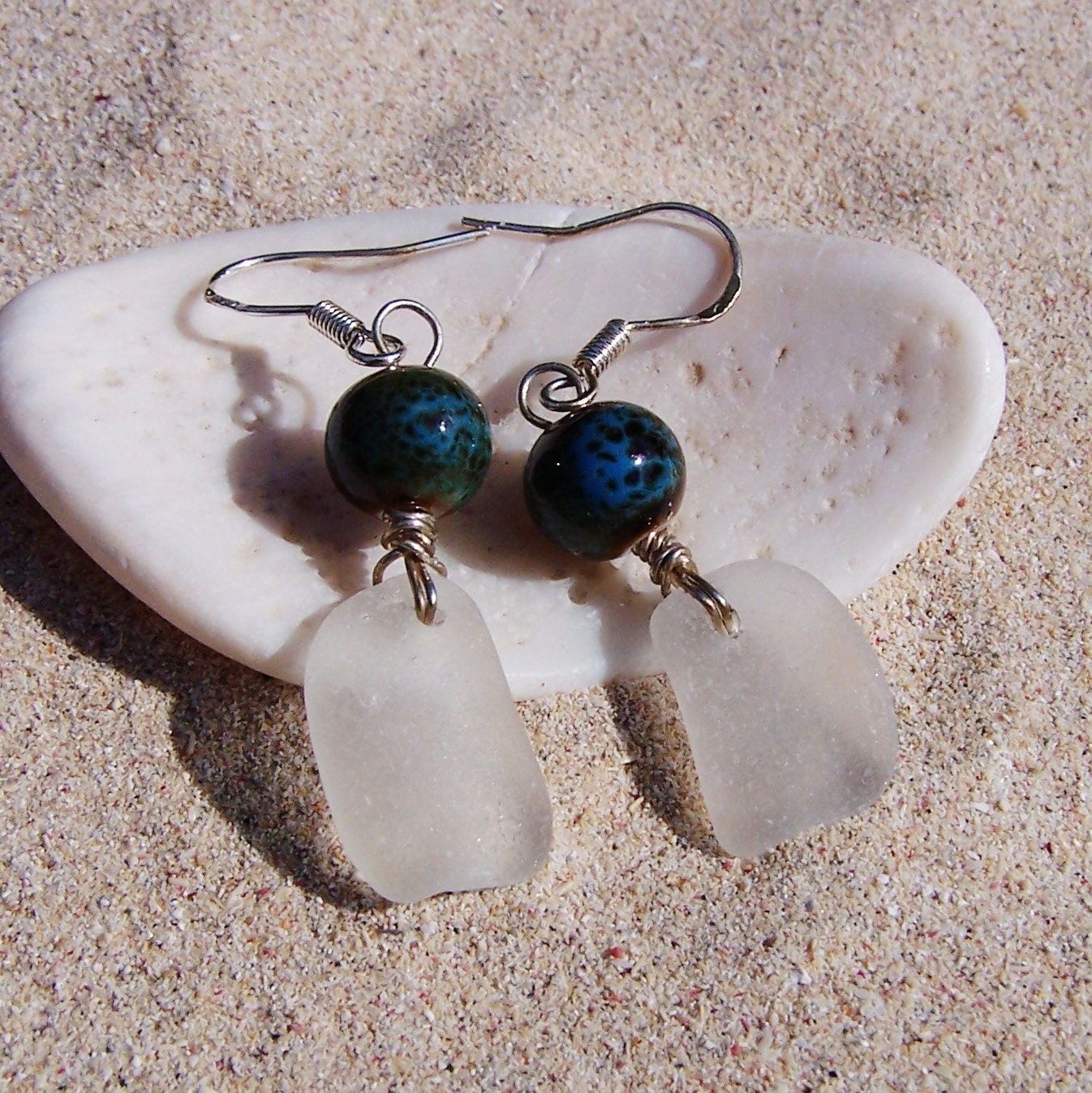 Sea Glass Earrings in Frosty White with Blue and Green Stone Beads