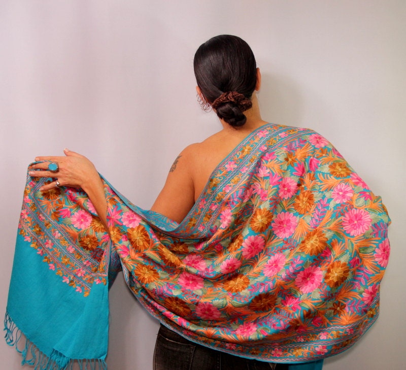 Tales From The Woods / Silk Shawl Wrap Pure Wool Pashmina Silk on Wool Silk Flower Embroidery  Azure Blue Brown Red Green Pink