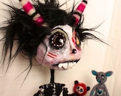 Punk Art Doll. Big Head Tiger, weird Circus puppet, big eyes, Horns, Gothic whimsy and strange. crudeart crude art