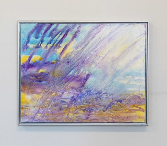 abstract painting in purple, lilac, yellow and aqua, acrylic paint on canvas, titled spring rain, framed