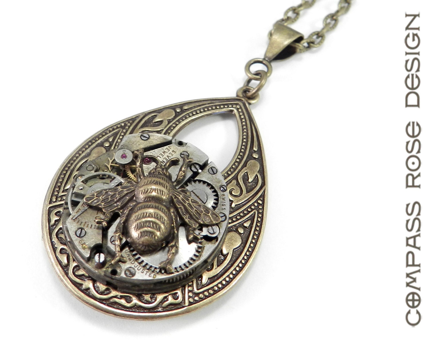 Steampunk Necklace - Brass Victorian Teardrop - Honey Bee - Mechanical Watch Movement Necklace - Steampunk Jewelry