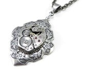 Steampunk Necklace Jewelry Petite Upcycled Antique Watch Movement on Silver Victorian Revival Pendant