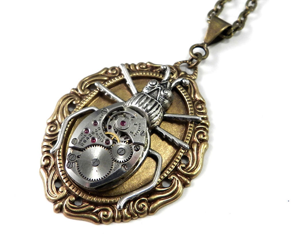 Steampunk Necklace Clockwork Gold and Silver Beetle Statement Insect Steampunk Necklace