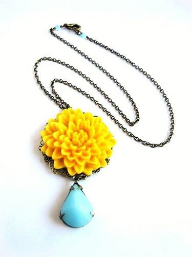Yellow Dahlia Necklace with Vintage Aqua Jewel