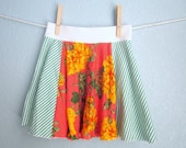 Girls Skirt - Green Stripes and Floral on Coral Twirl, READY TO SHIP (5/6)