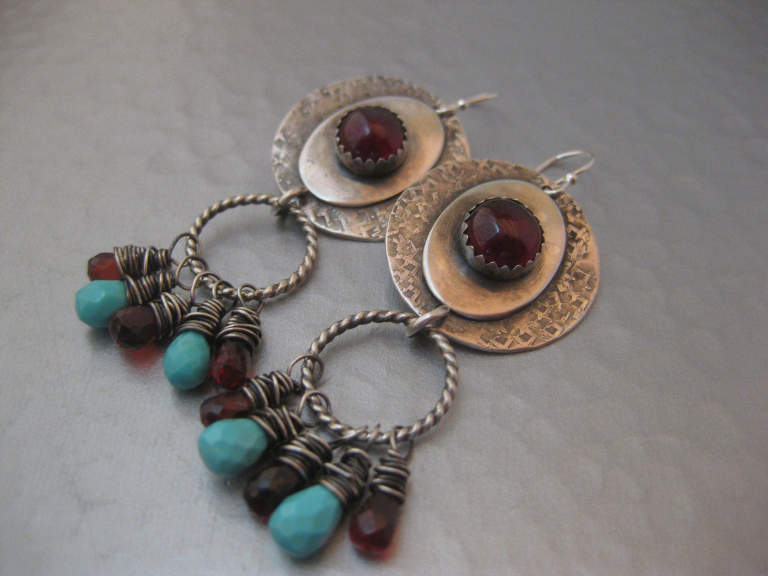 Sterling Silver Disk Earrings with Sleeping Beauty Turquoise and Garnets
