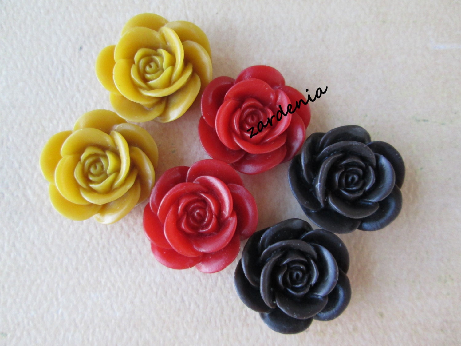 6PCS - Rose Flower Cabochons - 18mm - Mixed Colors - Yellow, Red and Brown