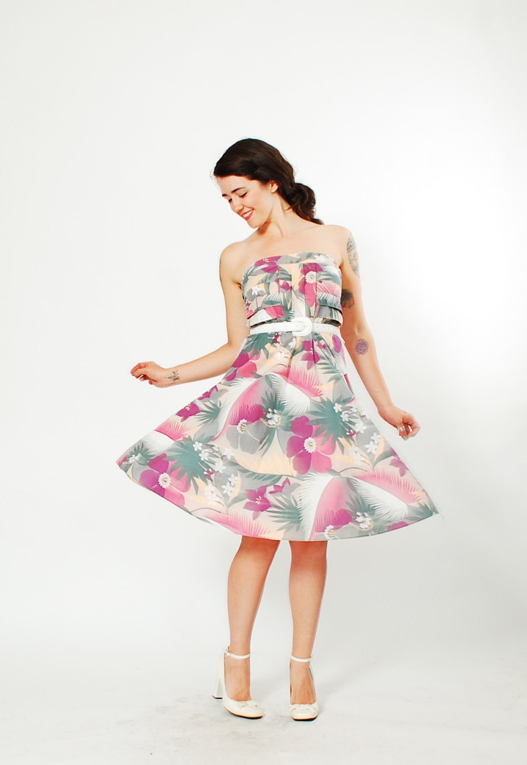Vintage 1980s Dress - Strapless Floral Dress - Collins Avenue Dress