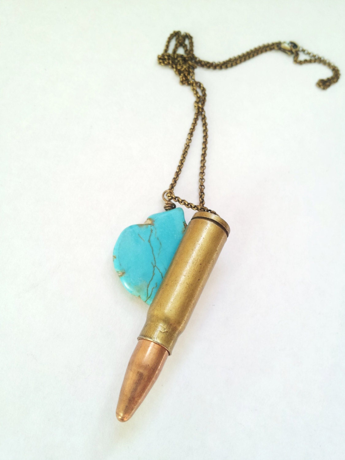 Turquoise and brass pendant necklace- vintage bullet necklace