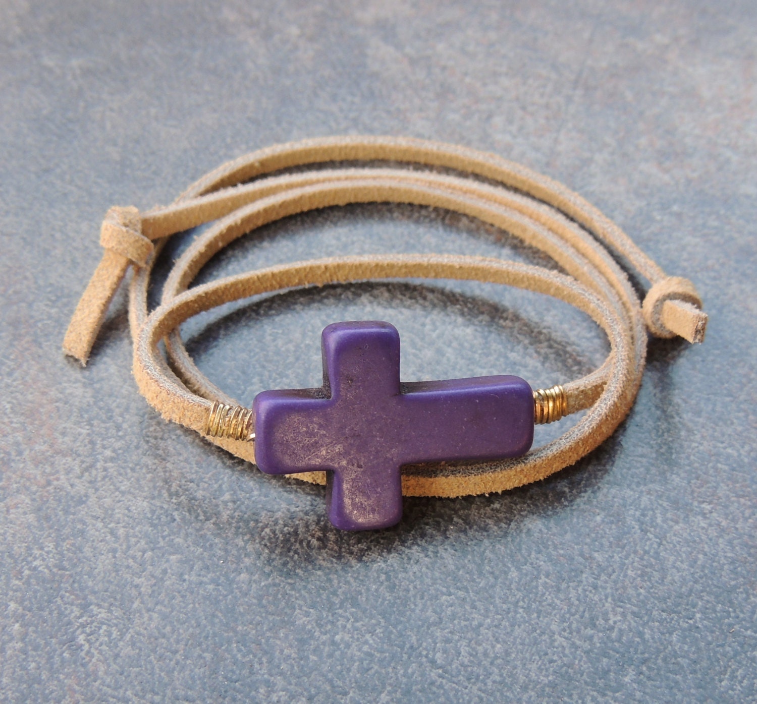 Leather Wrap Bracelet, Boho Wrap Bracelet, Chunky Purple Cross Bracelet, Purple Cross Leather Wrap Bracelet, Eva