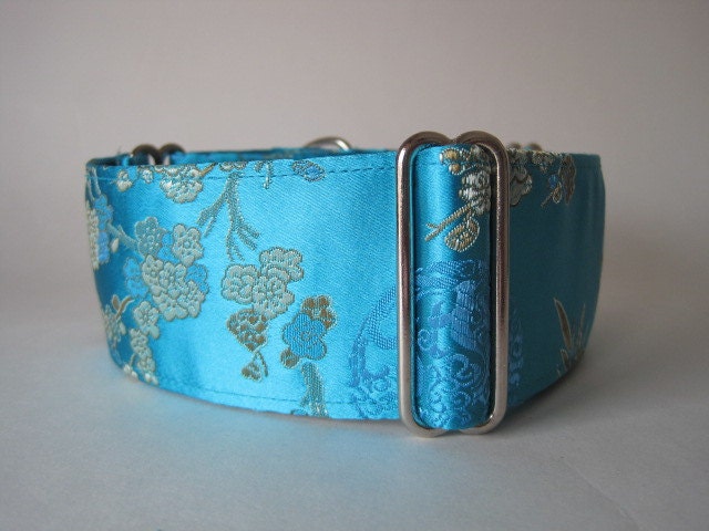 Turquoise Martingale Collar, Silk Martingale Collar, Cherry Blossom, Made in Canada, Silk Greyhound Collar, READY TO SHIP