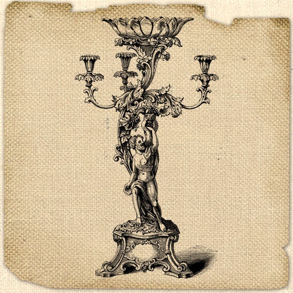 Candelabrum Burlap Victorian digital image Vintage sheet Download Printable For transfer print on fabric towel label napkins pillow n865