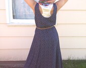 Vintage jumper DRESS, long,  breakfast club style, shabby chic, simplistic, silky , boho,artsy, folk floral, navy,by Zasra