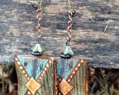 Memorial Sale chunky wooden rectangle dangle Earrings , hand painted , folk  style, reversible designs, tribal/patchwork flower, by Zasra