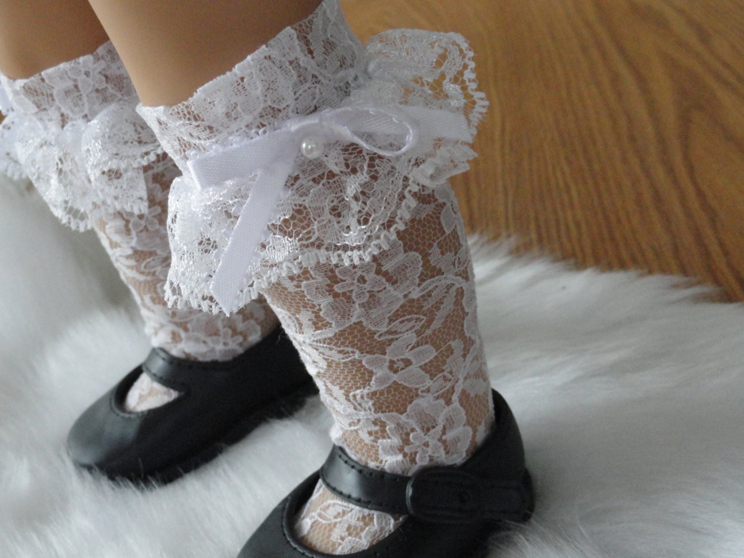 Ruffled White Lace Knee High Socks for American Girl Doll