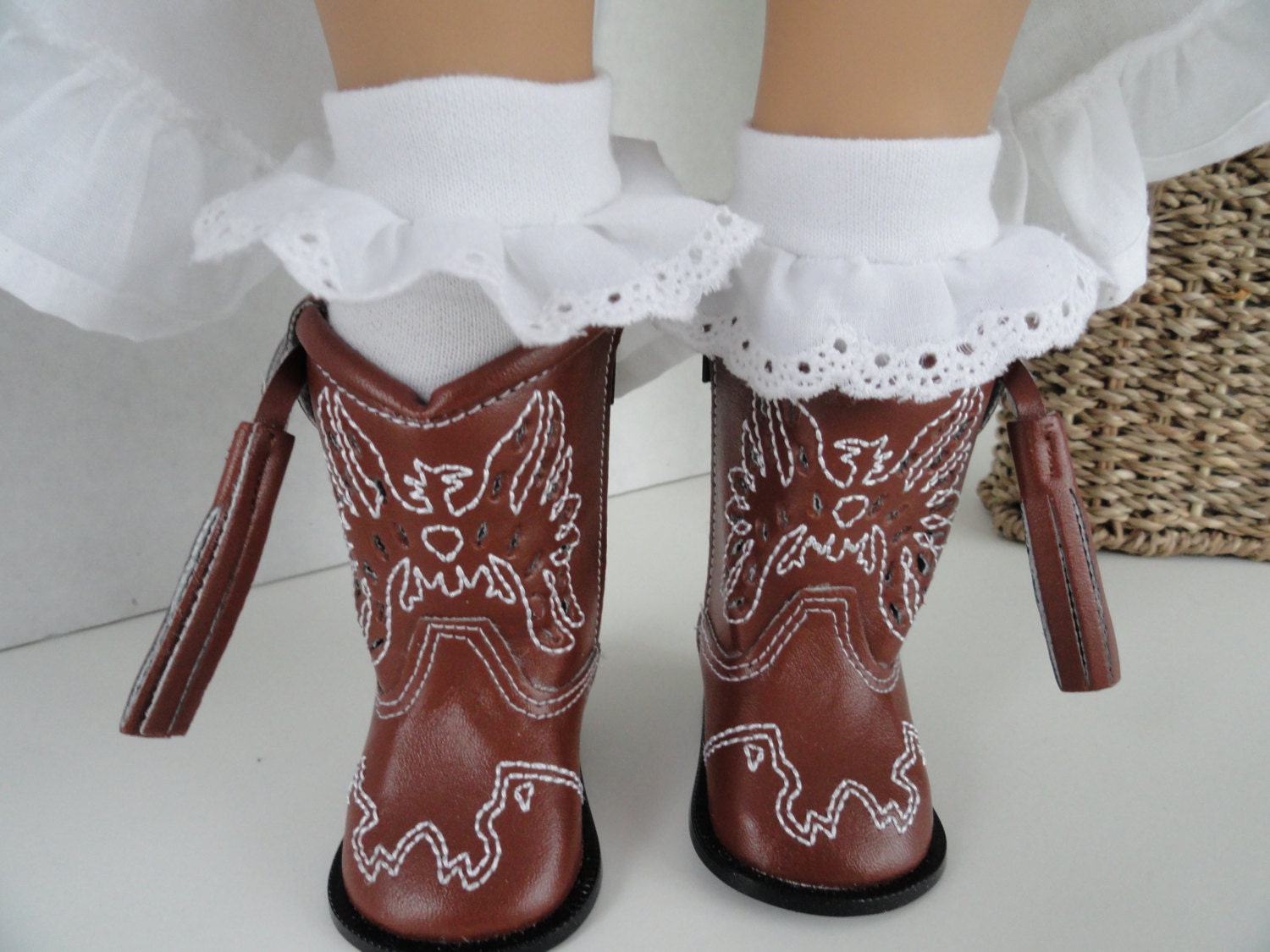 White eyelet ruffled knee high socks for American Girl Doll or other 18 inch Dolls