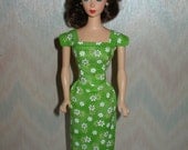 Handmade Barbie doll clothes - green and white floral sheath