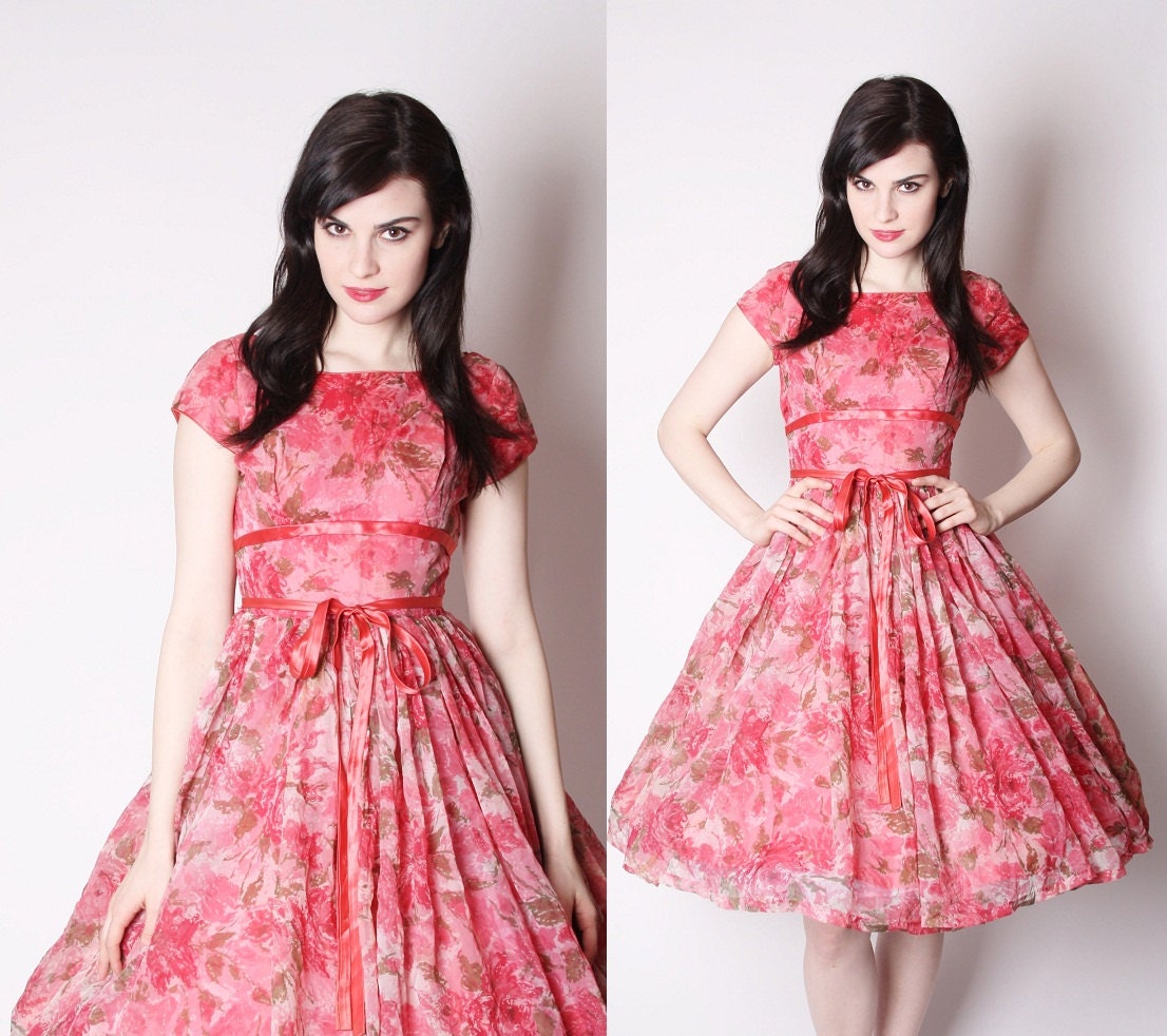 50s Fuchsia Pink Floral Rose Cocktail Party Dress / 50s Cupcake Dress / Pink 50s Wedding Dress / 1950s Prom Dress / 1986
