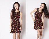 1990s Short Grunge Black Babydoll Sundress with Yellow and Red Rose Print / Vintage Sundress / Sun Dress / Grunge Rose Dress / 1921