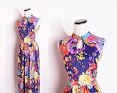 Vintage 1960s Long Maxi Bold Floral Abstract Dress / Mandarin Collar / Mod Dress / Dress / Dresses / Neon / Vintage Dress / 1410