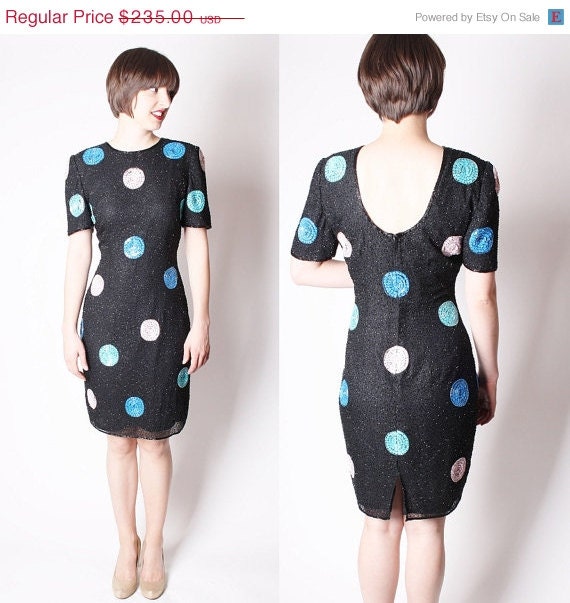 Silk Vintage Black Sequin Pastel Polka Dot Cocktail Party Dress / Black Sequin Dress / Sequins / Low Back / 1900