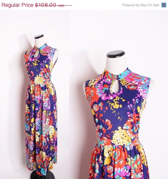 Vintage 1960s Long Maxi Bold Floral Abstract Dress / Mandarin Collar / Mod Dress / Dress / Dresses / Neon / Vintage Dress / 1410