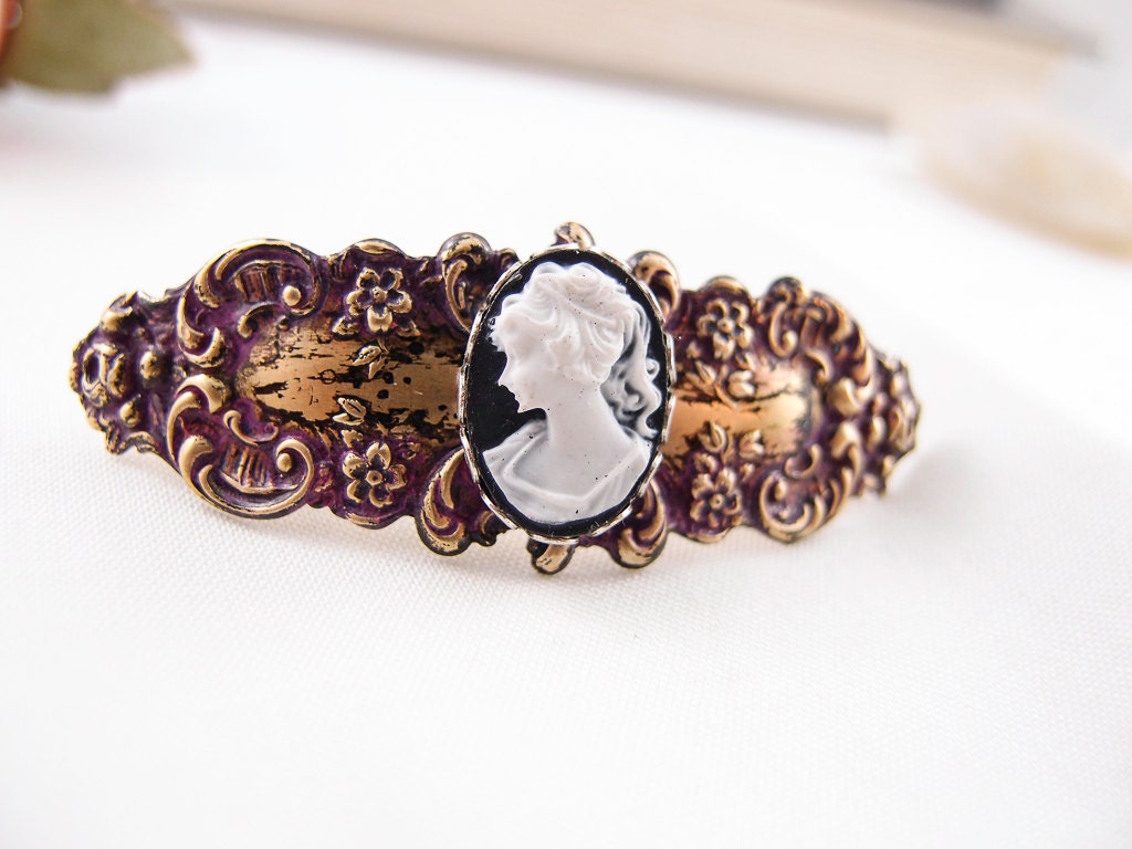 Victorian style lady cameo art nouveau barrette antique brass