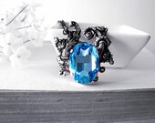 Anath--Swarovski oval X-large aqua blue crystal antique silver brass Victorian necklace