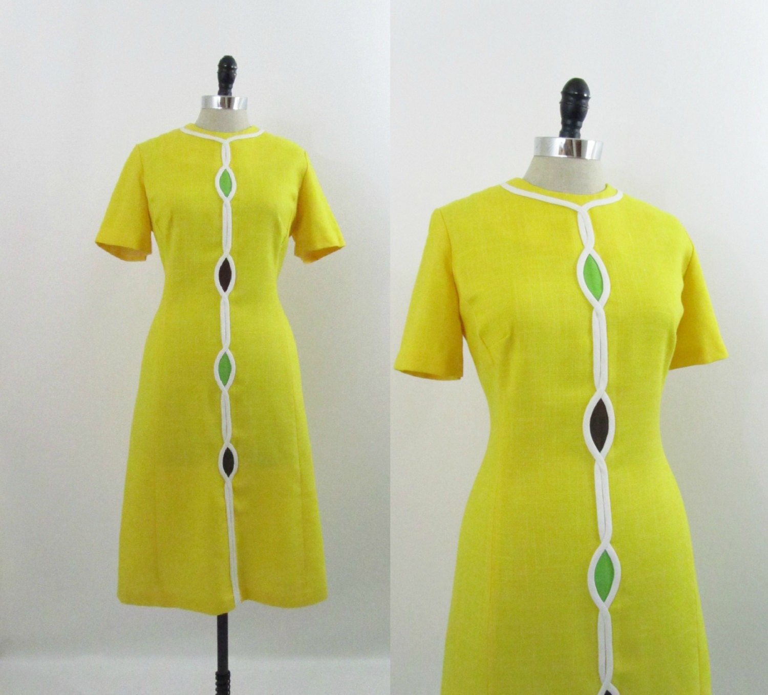 Vintage 1960s Dress Mod Yellow Helix Shift M L