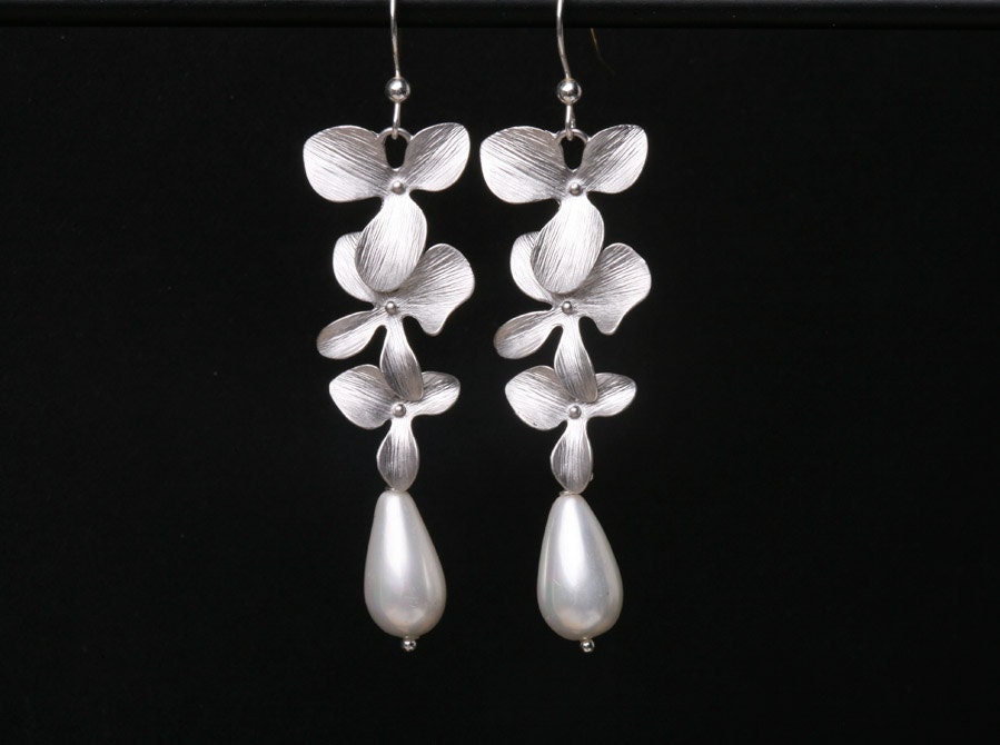 Orchid Flower Sterling silver Earrings,Teardrop Pearl,Flower Jewelry,Dangle Earrings,Wedding Jewelry,Bridesmaid Earrings