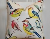 BOTH SIDES - 20 x 20 OR 18 x 18 - Birds - Decorative Pillow Cover - Red - Yellow - Blue - Grey