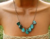 Raw Rough Cut Turquoise Stone Nuggets Bib Necklace. Sliced and polished.