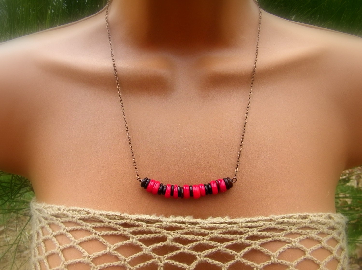 Poppy Red Coral and Brown Shell Abacus Necklace. Heishi Bead Necklace.