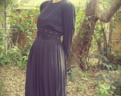 Black Long Sleeve Pleated Dress with Embroidery and Pearl Detail