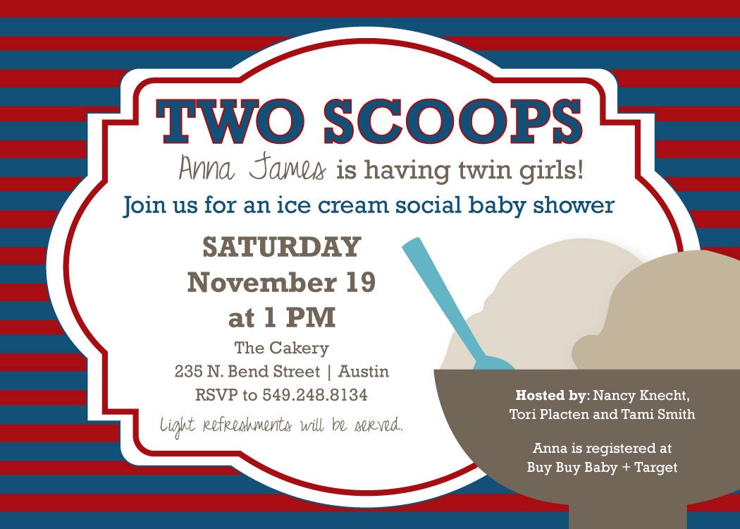 Baby Shower Invitation for TWINS - Ice Cream theme, Digital File download