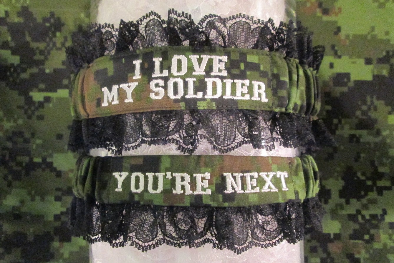 Handcrafted Canadian Military Garter set with I Love My Soldier embroidered on it and the toss garter says You're Next