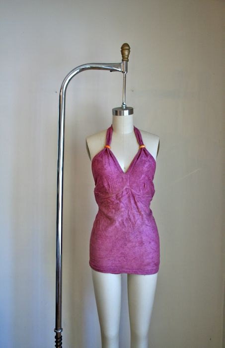 vintage 30s swimsuit - MAUVE lastex bathing suit w/bakelite / XS