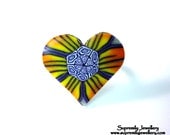 Summer Burst Flower Ring Heart Shaped Fimo Wearable Art Adjustable Size
