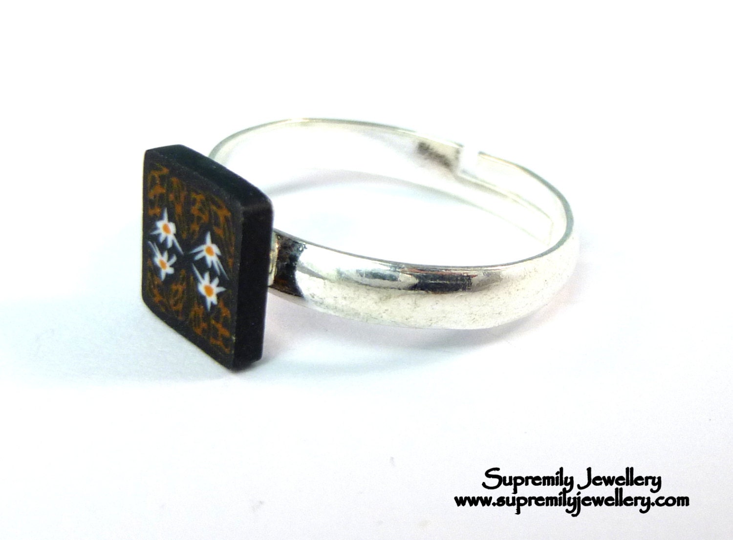 Daisy Leopard Square Ring Fimo Polymer Clay Wearable Art