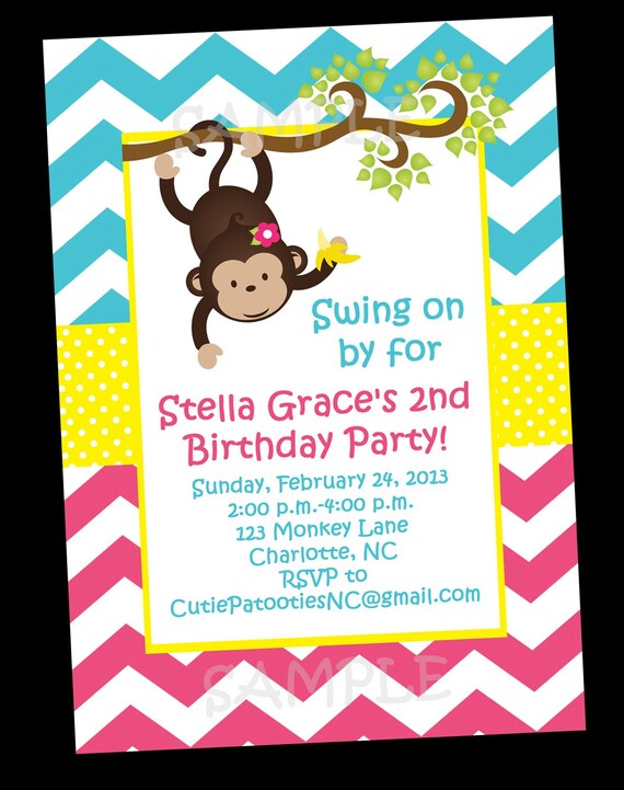 Monkey Birthday Invitation Girl Mod Monkey Chevron Baby Shower Invitation Printable or Printed Il_570xn
