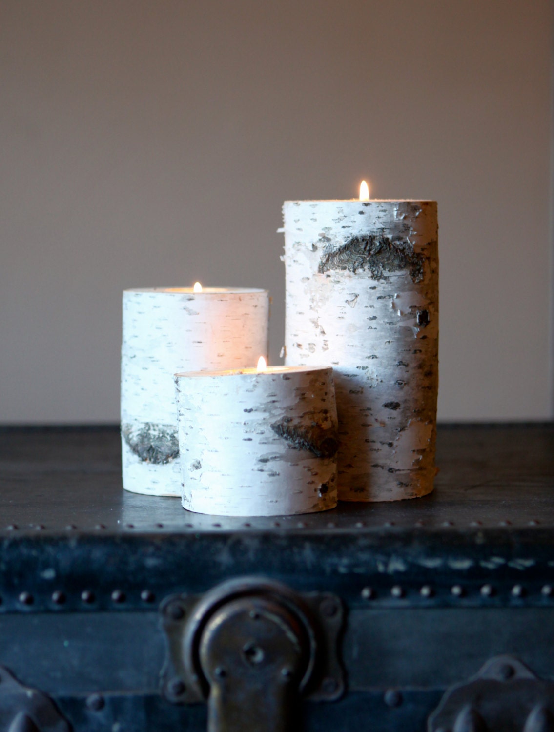 LARGE 7",5",3" Birch Bark Candle Holders 1 Set of 3- Home Decor - Wedding 4" in Diameter