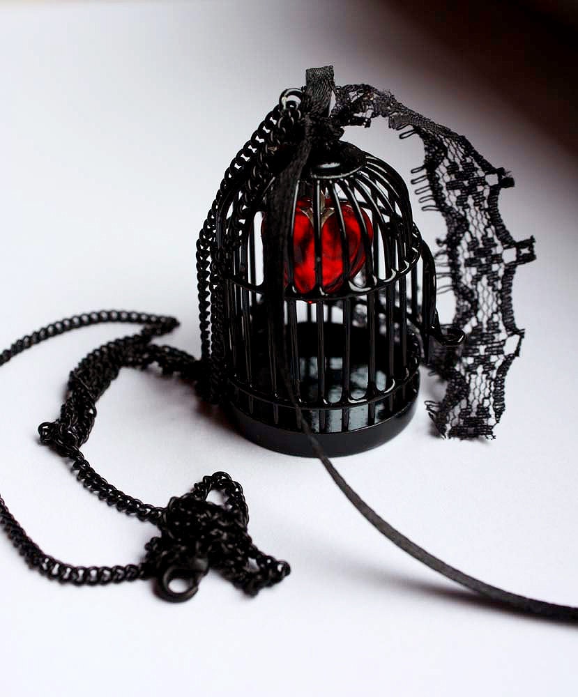 Bird cage locket heart  black gothic pendant