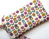 Large Zipper Wristlet Pouch Purse Gadget Case Padded -Urban Garden- Cream Pink Gold Aqua -NEW